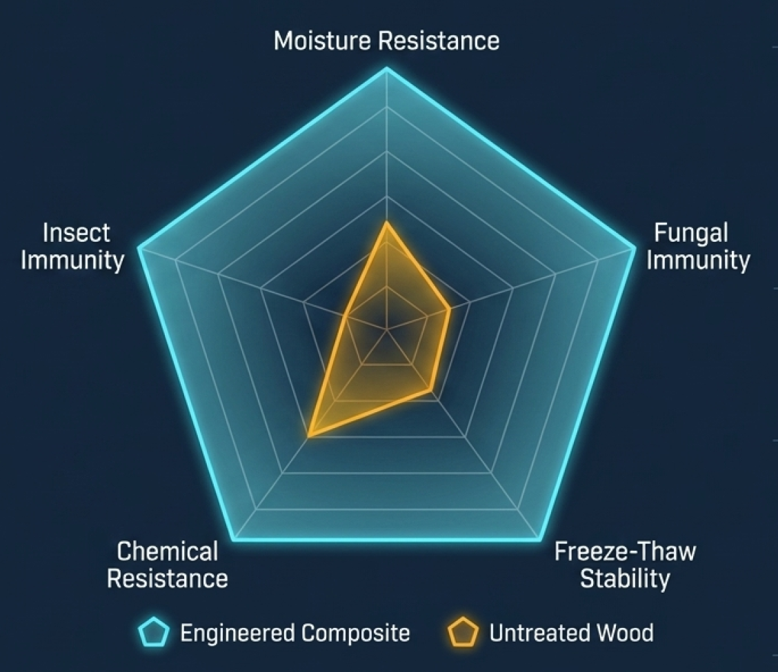 Performance radar chart — Engineered Composite vs Untreated Wood across Moisture Resistance, Fungal Immunity, Freeze-Thaw Stability, Chemical Resistance, Insect Immunity