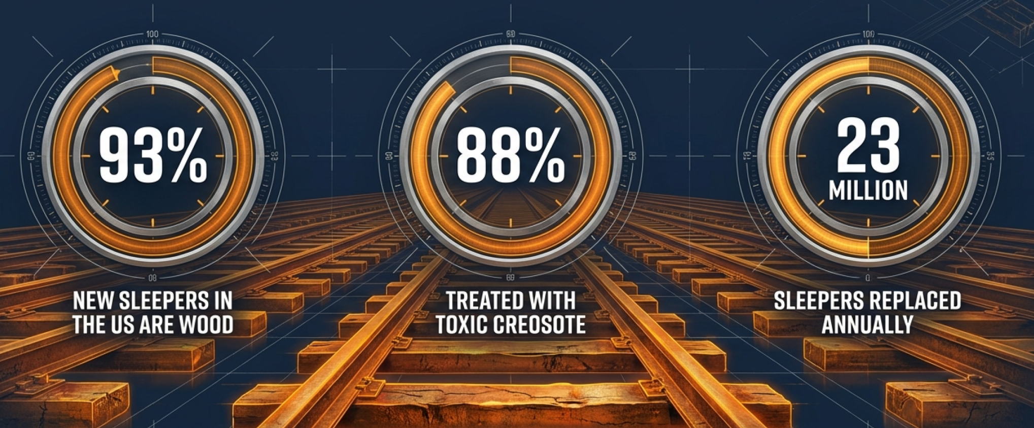 Industry statistics: 93% of US sleepers are wood, 88% treated with toxic creosote, 23 million sleepers replaced annually