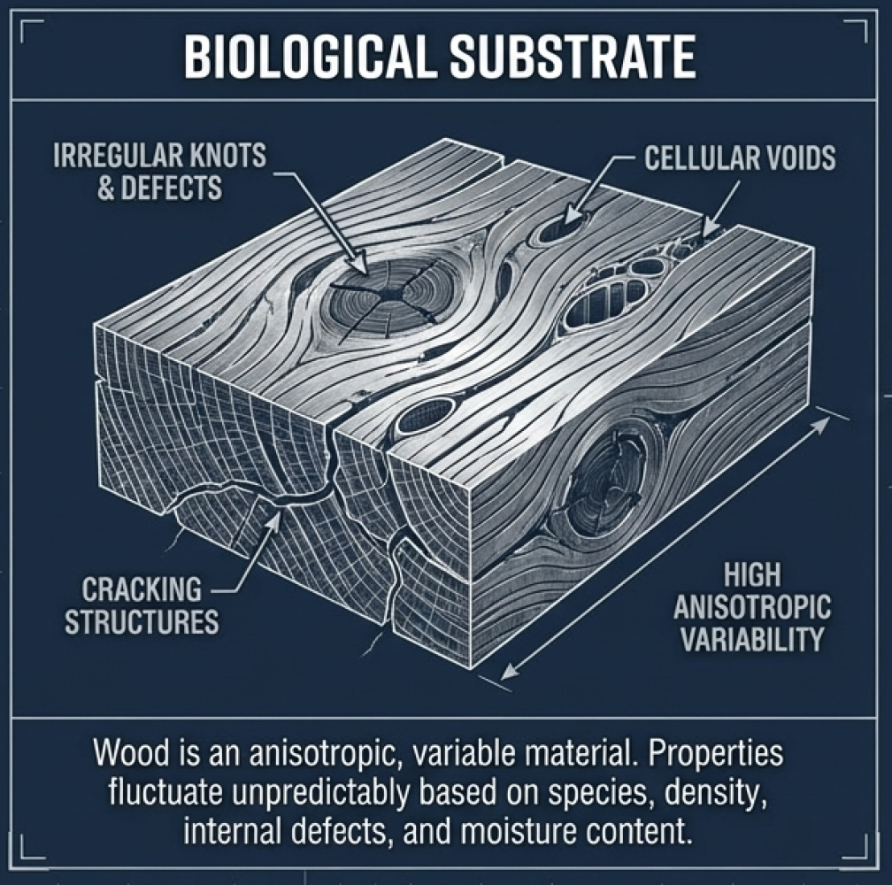 Biological substrate — wood cross-section showing irregular knots, cellular voids, cracking structures and high anisotropic variability