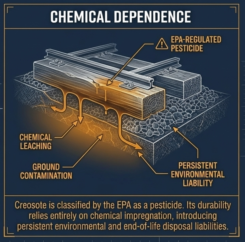 Chemical dependence diagram — creosote leaching, ground contamination and EPA-regulated persistent environmental liability