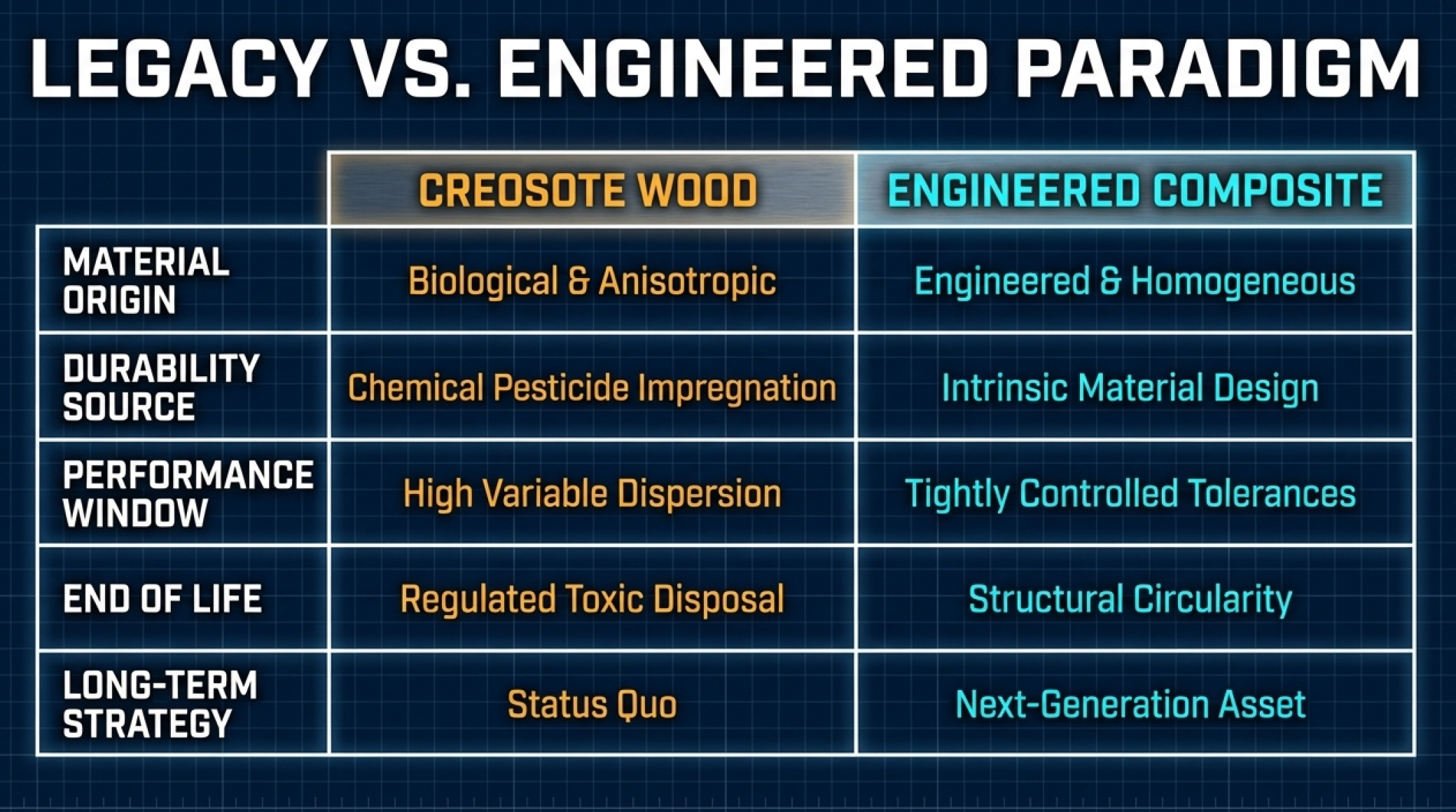 Legacy vs Engineered Paradigm — comparison table: Creosote Wood (biological, anisotropic, chemical pesticide, toxic disposal) vs Engineered Composite (homogeneous, intrinsic design, structural circularity)
