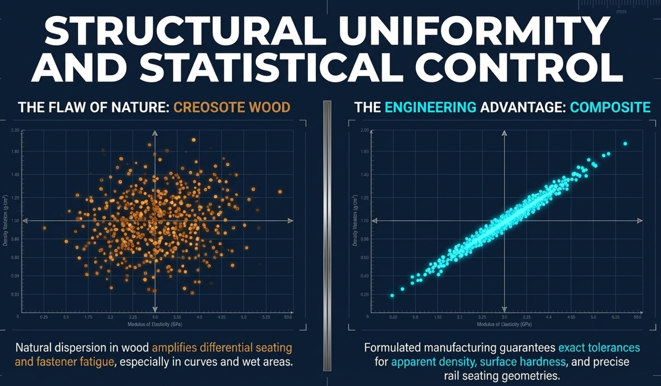 Structural uniformity comparison — scatter plot showing natural dispersion of creosote wood vs tightly controlled composite tolerances